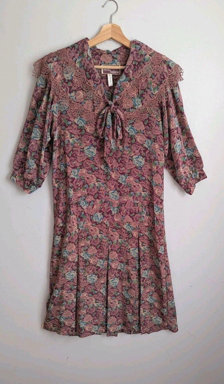 Vintage 80s Pink Floral Drop Waist Tea Dress Romantic Lace Trim Collar S 4 6